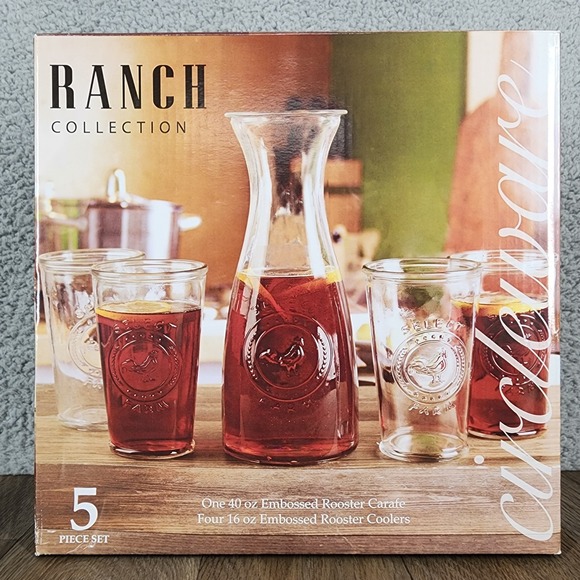 Ranch Collection Drinkware Set Rooster Embossed Carafe & 4 Cooler Glasses - Picture 1 of 11